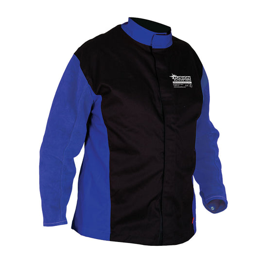 Esko Fusion Welders Jacket, featuring flame-resistant cotton body and leather sleeves, designed for hazardous environments with stand-up collar and large pocket, embodies Active Safety's commitment to protective workwear excellence.