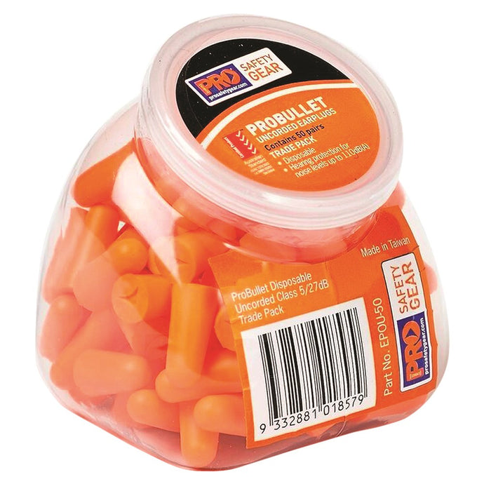 ProBullet Disposable Uncorded Earplugs: Pack/50, featuring a smooth tapered shape for easy insertion, designed for effective hearing protection up to 110 dB(A), compatible with Pro Choice Safety Geardispenser, ideal for workplace safety.