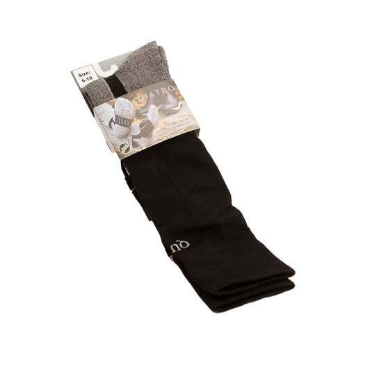 Quatro Gumboot Sock Black (2 Pack) in packaging, featuring size 6–10. Ideal for warm weather or gumboots, with double-density cushioning, ventilation ribs, and elasticated support. Crafted from Merino Wool blend for comfort.