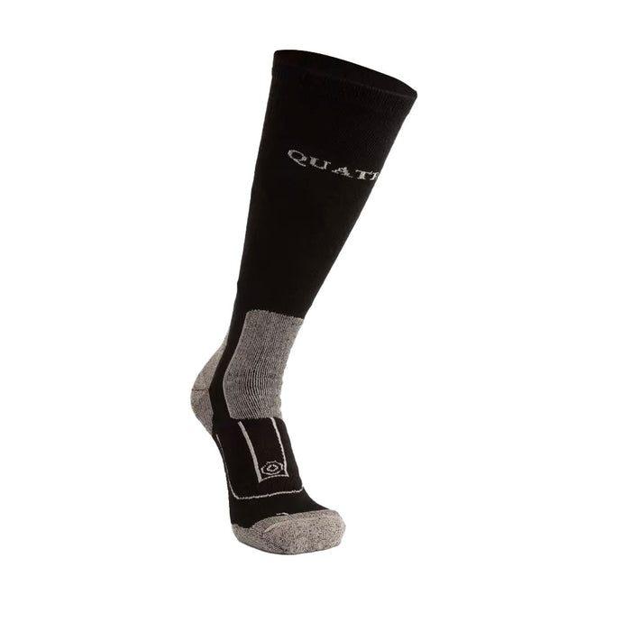Quatro Gumboot Sock Black (2 Pack) features a black knee-high athletic sock with gray reinforcement at heel, toe, and midfoot, ideal for safety workwear. Designed with cushioning and ventilation ribs for comfort.
