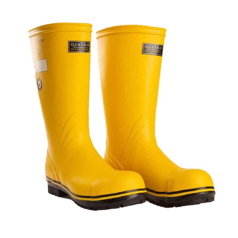 Load image into Gallery viewer, Quatro Dielectric Safety Gumboots, Yellow, feature knee-high rubber construction with black soles and a thin stripe, designed for electrical hazard protection, ideal for electricians and utility workers seeking reliable safety gear.
