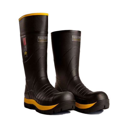Skellerup Quatro Non-Insulated Safety Knee Gumboot, featuring black rubber with yellow trim, steel toe cap, and SureGrip outsole, ideal for industrial safety. Offers arch support and quick-drying lining.