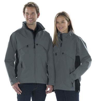 Gravity Ripstop Lined Jacket showcased on a man and woman, featuring a tapered fit with front zippered pockets, underarm ventilation, and a hidden tuck away hood, ideal for safety and work environments.