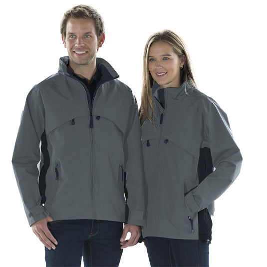 Gravity Ripstop Lined Jacket showcased on a man and woman, featuring a tapered fit with front zippered pockets, underarm ventilation, and a hidden tuck away hood, ideal for safety and work environments.