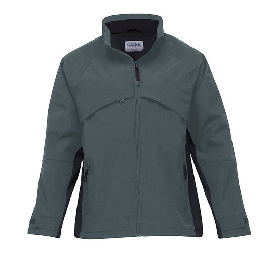 Gravity Ripstop Lined Jacket featuring a grey design with black trim, four front zippered pockets, underarm ventilation zips, and a hidden tuck away hood, ideal for workplace safety and comfort.