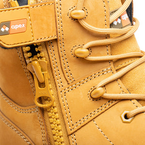 Apex Goldie Safety Boots showcasing a close-up of the zip-sided, lace-up design with a composite toe cap and durable leather, ideal for high-performance safety and comfort.
