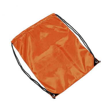 Harness Bag Drawstring Backsack: Orange, a lightweight nylon gym sack with black cord straps threaded through reinforced grommets, offering a compact 2-litre capacity for convenient, everyday use.