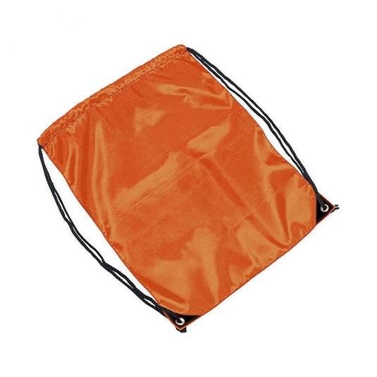 Harness Bag Drawstring Backsack: Orange, a lightweight nylon gym sack with black cord straps threaded through reinforced grommets, offering a compact 2-litre capacity for convenient, everyday use.