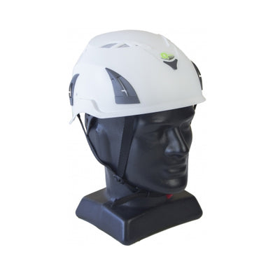 Qtech Shield Helmet Industrial Vented: White showcased on a black mannequin head, highlighting its sturdy polypropylene shell and adjustable nylon chin strap, ideal for workplace safety.