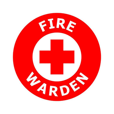 Fire Warden Hard Hat Label featuring a 45mm diameter circular design, with a central white circle displaying a red cross, encircled by the words FIRE and WARDEN for clear identification.