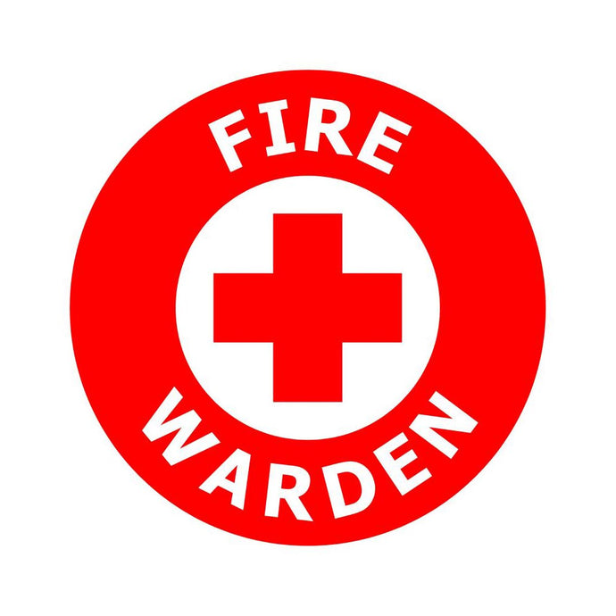 Fire Warden Hard Hat Label featuring a 45mm diameter circular design, with a central white circle displaying a red cross, encircled by the words FIRE and WARDEN for clear identification.