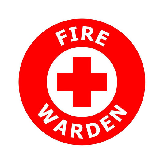 Fire Warden Hard Hat Label featuring a 45mm diameter circular design, with a central white circle displaying a red cross, encircled by the words FIRE and WARDEN for clear identification.