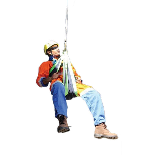 Worker in a full-body safety harness using the Evacuation Rescue Triangle, featuring three metallic D-Rings, during a height operation. The setup is designed for safe personnel rescue.
