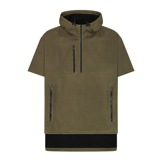 Close-up of the Cloke Hauroko Windproof Short Sleeve Fleece showcasing its YKK zipper and adjustable hood, designed for durability and flexibility in outdoor adventures, perfect for active safety environments.