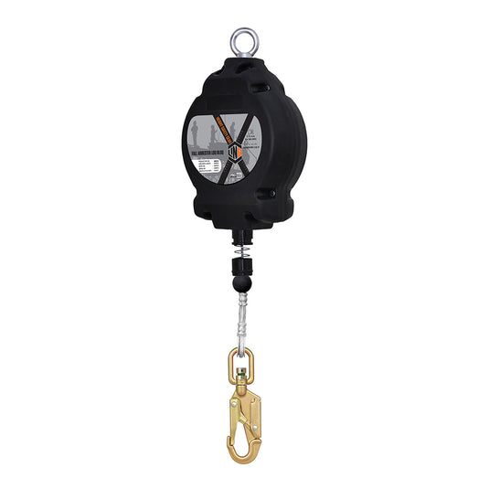 LINQ Self Retracting Wire Rope Loq-Bloq 15M features a black housing with spring-loaded cable and gold locking snap hook, designed for industrial safety, preventing falls with automatic tension and braking.