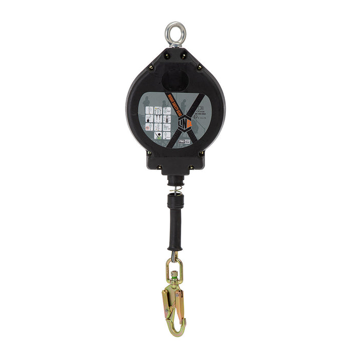 LINQ Self Retracting Wire Rope Loq-Bloq 20M, featuring a spring-loaded housing with a swivel hook for safety harness attachment, designed for fall arrest with a 20M retractable wire rope and high-impact polymer casing.