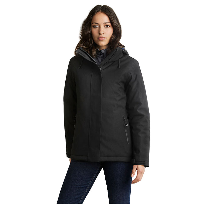 Woman wearing Biz Ladies Eclipse Jacket, showcasing its high neck collar and sleek design, highlighting waterproof and windproof features, ideal for safety and workplace use.