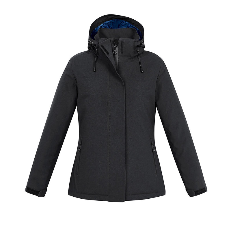 Load image into Gallery viewer, Biz Ladies Eclipse Jacket featuring a sleek, waterproof design with a detachable hood, metallic quilted lining, and adjustable features, ideal for superior protection and warmth in active safety environments.
