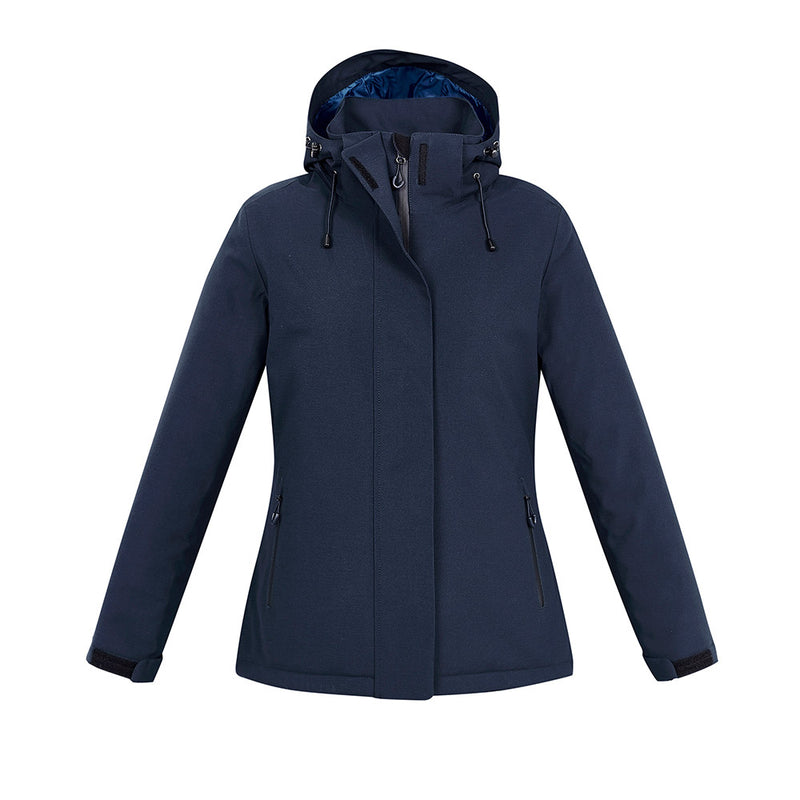 Load image into Gallery viewer, Biz Ladies Eclipse Jacket with detachable hood and seam-sealed shell offers waterproof protection. Features include quilted lining, adjustable cuffs, and zipped pockets, aligning with Active Safety&#39;s commitment to durable workwear.
