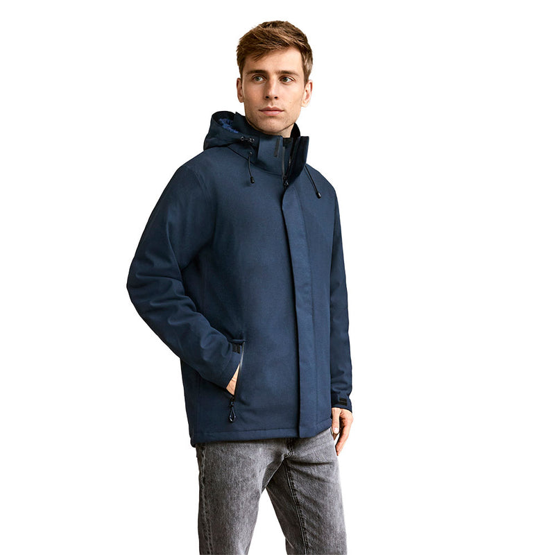 Load image into Gallery viewer, Biz Mens Eclipse Jacket featuring a close-up of its sleek, weatherproof design, showcasing the high neck collar, adjustable Velcro sleeve cuffs, and detachable hood, ideal for superior protection and warmth.
