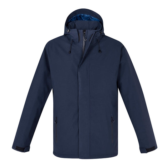 Close-up of the Biz Mens Eclipse Jacket showing the sleek, seam-sealed matte outer shell, detachable hood, and adjustable sleeve cuffs, embodying premium waterproof and breathable protection.