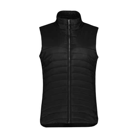 Biz Womens Expedition Vest, a black quilted puffer vest featuring a high stand-up collar and full-length zipper, designed with ultra-light rip-stop material and premium hi-loft polyfil insulation for warmth and durability.