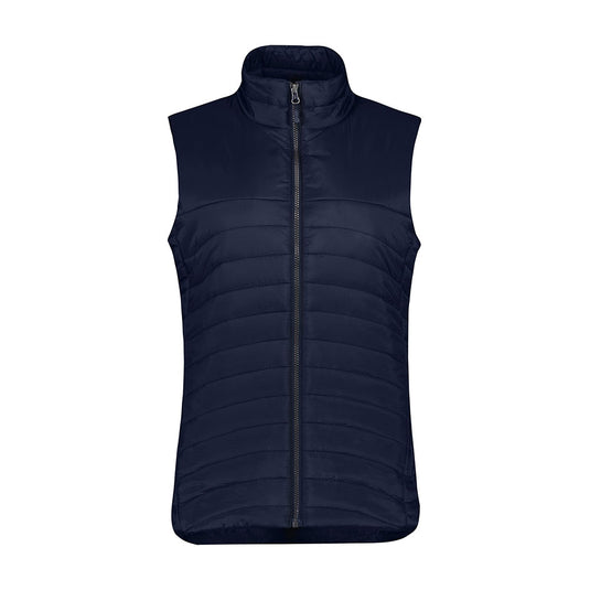 Biz Womens Expedition Vest, a navy-blue quilted sleeveless puffer, features a front zipper, stand-up collar, and zippered pockets, designed for lightweight warmth with premium insulation and a water-repellent nylon shell.