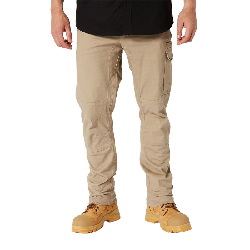 Load image into Gallery viewer, Jetpilot Fueled Utility Pant showcases slim-fit design with a right thigh cargo pocket, paired with sturdy lace-up work boots, emphasizing comfort and flexibility for active work environments.
