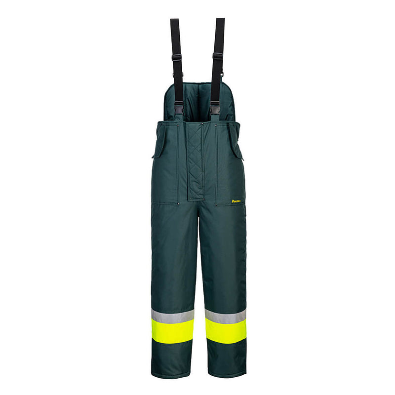 Load image into Gallery viewer, Huski Hi Vis Contrast Freezer Bib and Brace, featuring adjustable braces, zip legs with reflective tape, and waterproof fabric; designed for warmth and safety in demanding work environments.
