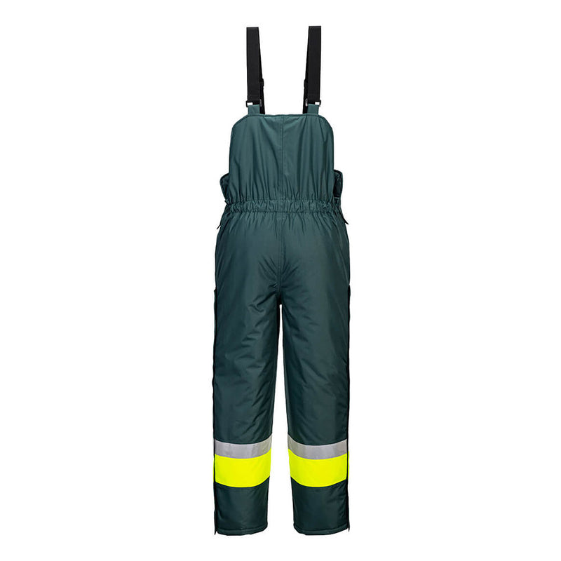Load image into Gallery viewer, Huski Hi Vis Contrast Freezer Bib and Brace features adjustable black straps, reflective stripes on pants, and a green cover. Designed for safety, it offers waterproof protection and warmth, ideal for workplace conditions.
