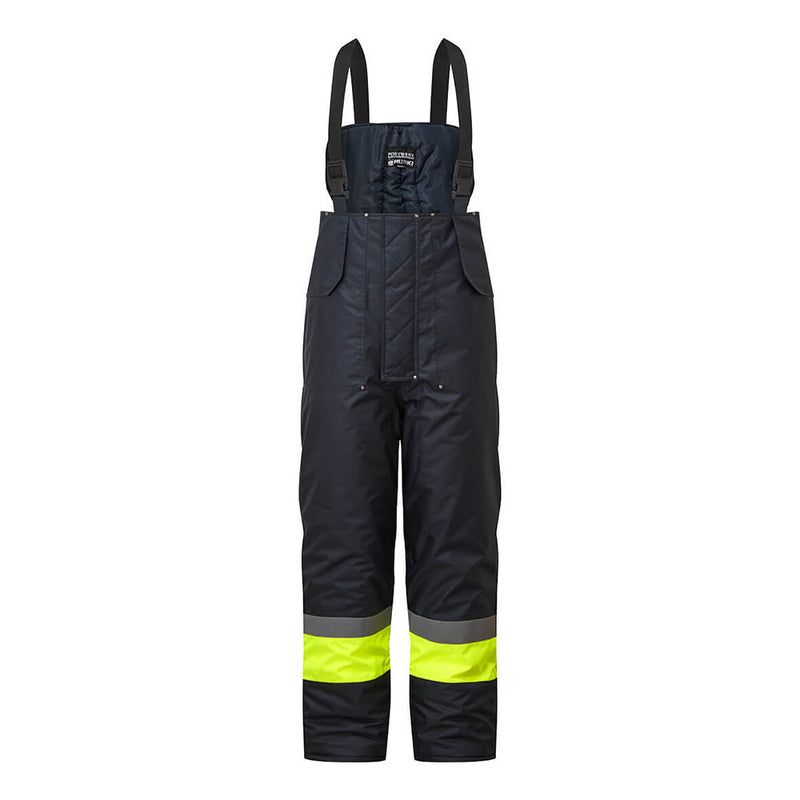 Load image into Gallery viewer, Huski Hi Vis Contrast Freezer Bib and Brace, featuring adjustable braces and full-length zip legs. Designed with waterproof, wind-resistant fabric, reflective tape, and secure pockets, ideal for active workplace safety.
