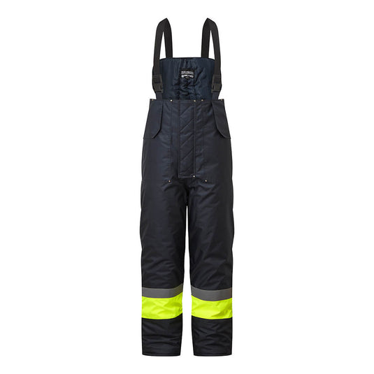 Huski Hi Vis Contrast Freezer Bib and Brace, featuring adjustable braces and full-length zip legs. Designed with waterproof, wind-resistant fabric, reflective tape, and secure pockets, ideal for active workplace safety.