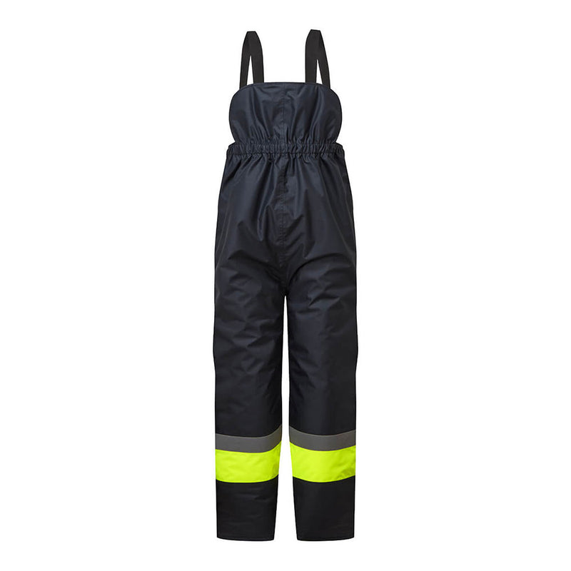 Load image into Gallery viewer, Huski Hi Vis Contrast Freezer Bib and Brace with adjustable shoulder straps, full-length zipped sides, and elasticated ankle closures, designed for warmth and protection in workplace environments.
