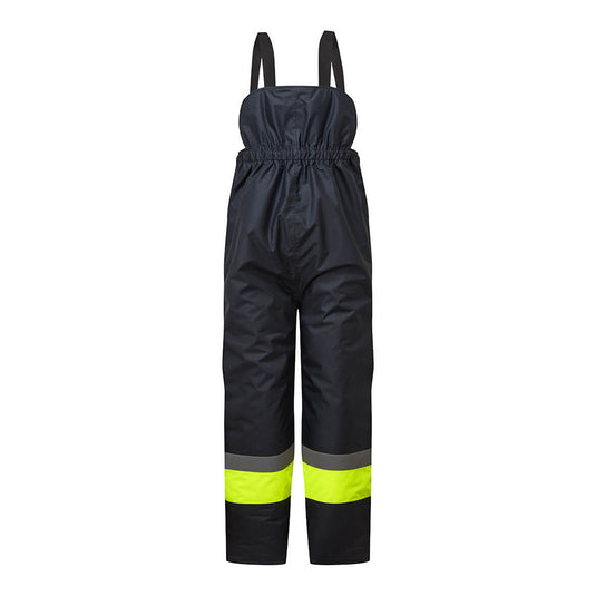 Huski Hi Vis Contrast Freezer Bib and Brace with adjustable shoulder straps, full-length zipped sides, and elasticated ankle closures, designed for warmth and protection in workplace environments.