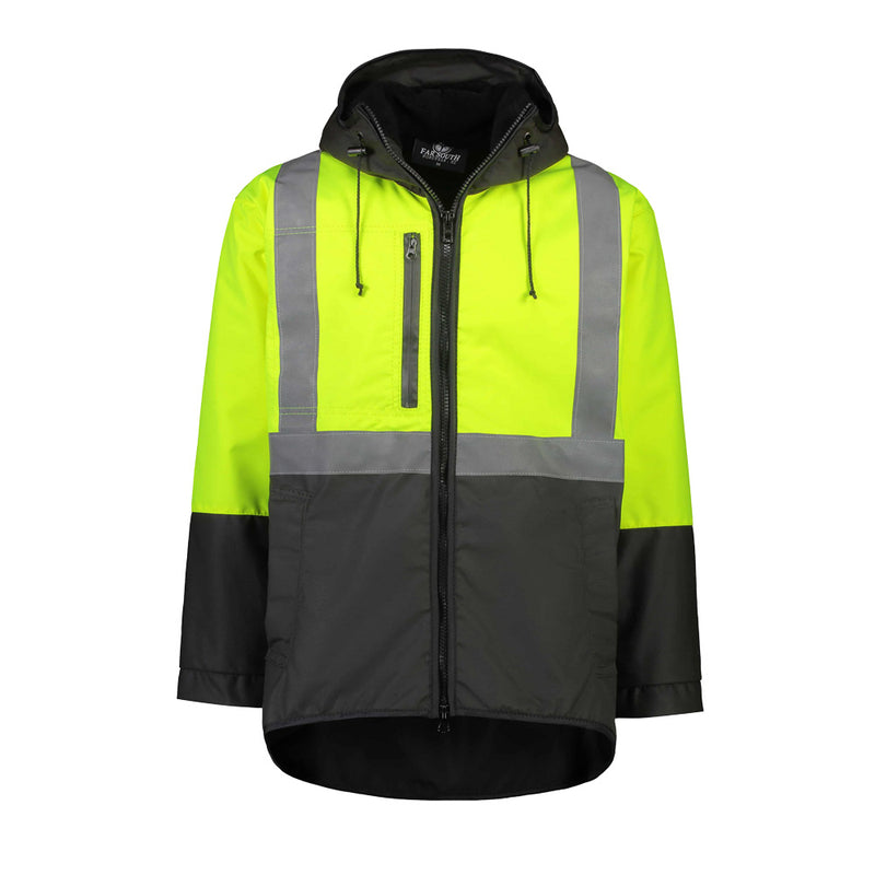 Load image into Gallery viewer, Far South Kapuka Hivis Oilskin Jacket with Hood features durable oilskin construction, hi-vis reflector tape, fleece lining, and heavy-duty zip, ideal for workplace safety and protection.
