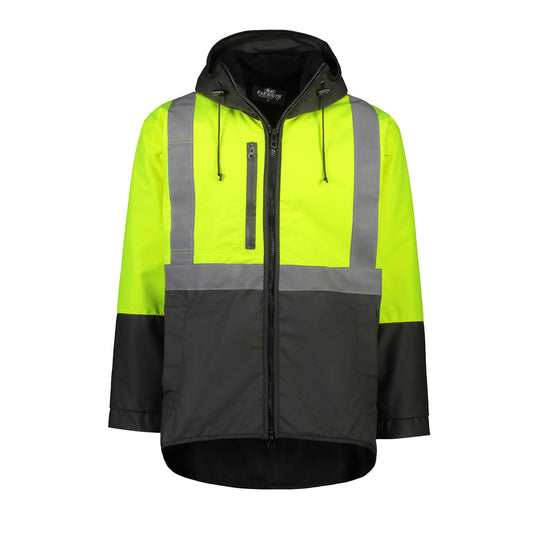 Far South Kapuka Hivis Oilskin Jacket with Hood features durable oilskin construction, hi-vis reflector tape, fleece lining, and heavy-duty zip, ideal for workplace safety and protection.