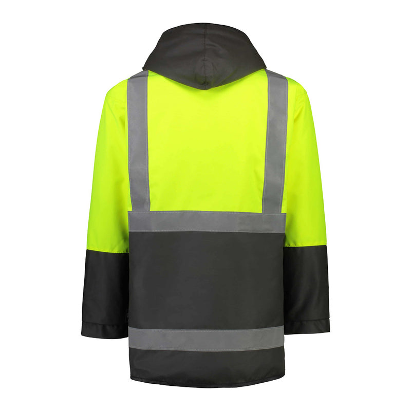 Load image into Gallery viewer, Far South Kapuka Hivis Oilskin Jacket with Hood, Yellow/Brown, showcasing durable oilskin fabric, reflective tape, fleece lining, and side entry pockets, ideal for safety and warmth in workplace environments.
