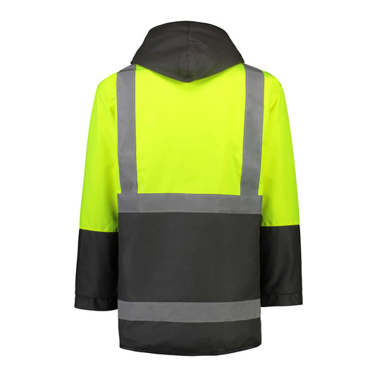 Far South Kapuka Hivis Oilskin Jacket with Hood, Yellow/Brown, showcasing durable oilskin fabric, reflective tape, fleece lining, and side entry pockets, ideal for safety and warmth in workplace environments.