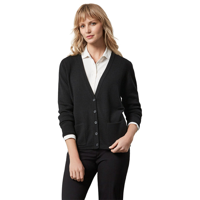 Biz Womens Woolmix Cardigan: A close-up of a woman's hand wearing the mid-weight cardigan, showcasing the button-through front and functional pockets. Ideal for demanding environments, blending style and durability.