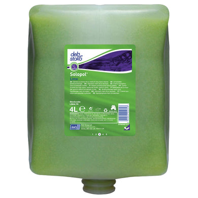 Solopol Lime Medium-Heavy Duty Hand Wash: 4L refill pouch, designed for industrial use, compatible with wall dispensers. Features lime scent, cornmeal scrub, and nourishing wheat germ oil for effective cleaning and skin care.