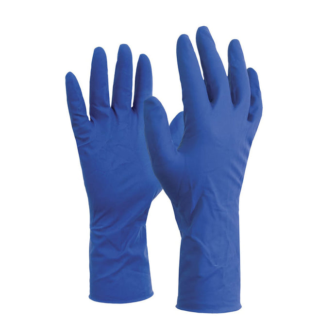 Esko High Risk Heavy Duty Latex Disposable Gloves: Box/50, featuring long cuffs and durable, powder-free latex construction, ideal for industrial tasks requiring enhanced protection and dexterity. Certified for safety compliance.