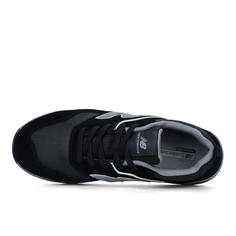 Load image into Gallery viewer, New Balance Elite Lite Safety Shoe, Black/Grey, top-down view showing mesh and suede upper, lace-up design, padded collar and tongue, with New Balance logo on tongue and insole.
