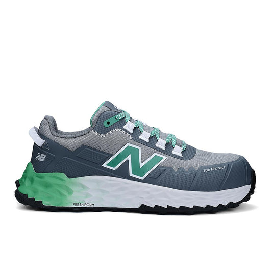 New Balance Fresh Foam Cremorne 2E Safety Shoe, Alloy/Green, side view showcases chunky white-and-black Fresh Foam sole, green accents, and composite safety toe, highlighting its blend of comfort and industrial durability.