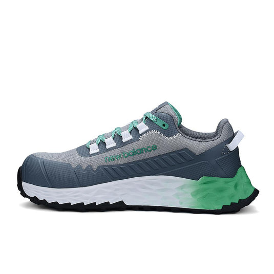 New Balance Fresh Foam Cremorne 2E Safety Shoe, Alloy/Green, features a grey mesh upper with mint-green accents, composite safety toe, and slip-resistant black and green outsole, designed for workplace comfort and protection.