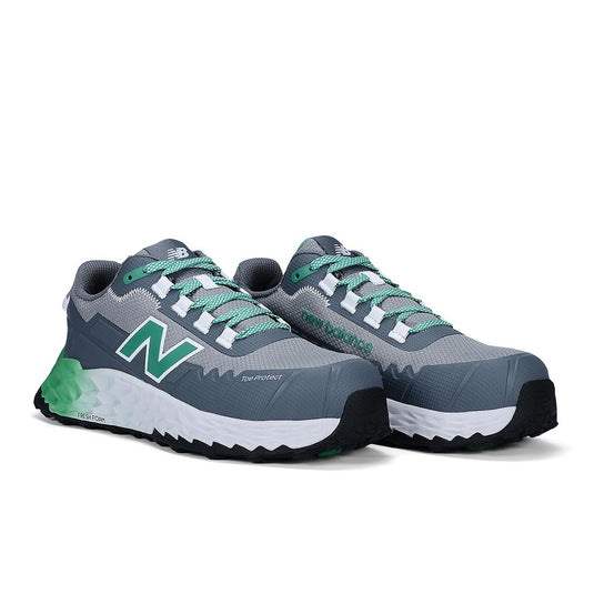 New Balance Fresh Foam Cremorne 2E Safety Shoe, Alloy/Green, featuring a grey mesh upper with mint-green accents, composite toe, slip-resistant outsole, and Fresh Foam cushioning for enhanced comfort and protection during long workdays.