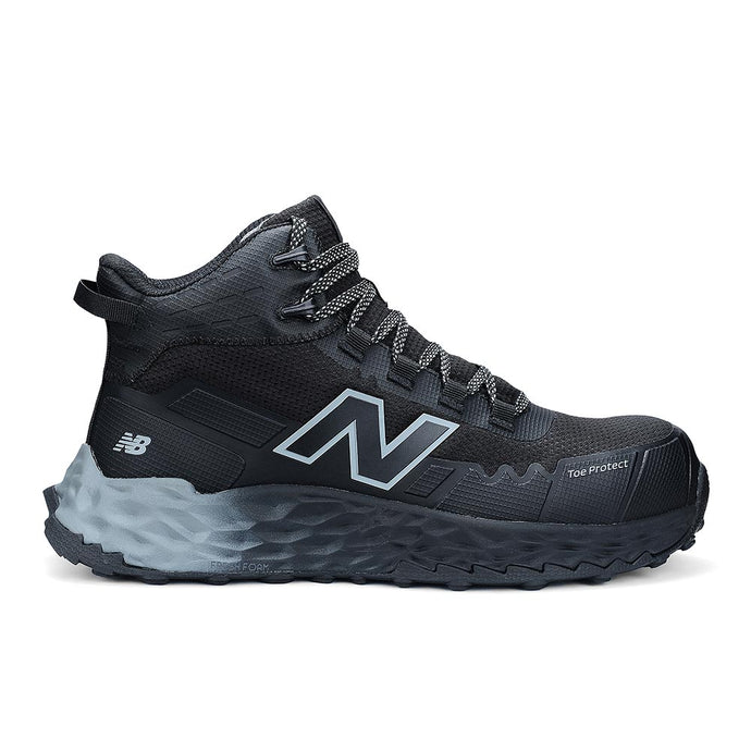 New Balance Fresh Foam Cremorne Mid 2E Safety Boot, Black/Grey: A robust, mid-cut hiking shoe with a textured mesh upper, composite safety toe, and rugged outsole, ideal for active safety and workplace protection.