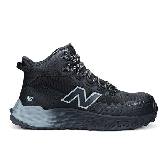 New Balance Fresh Foam Cremorne Mid 2E Safety Boot, Black/Grey: A robust, mid-cut hiking shoe with a textured mesh upper, composite safety toe, and rugged outsole, ideal for active safety and workplace protection.
