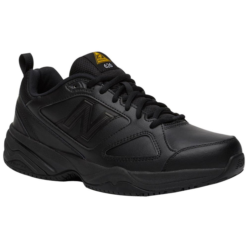 Load image into Gallery viewer, New Balance 626k2 Mens Non-Safety Shoe, Black, features a low-cut profile, leather upper with stitched panels, embossed N logo, slip-resistant outsole, padded tongue, and heel pull-tab; ideal for active work environments.
