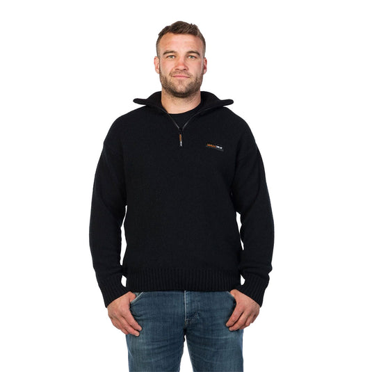 MKM Tasman Wool/Possum Jumper on adult male model, showcasing its classic half-zip design and durable construction, ideal for outdoor wear, made with 100% NZ wool for optimal temperature regulation.