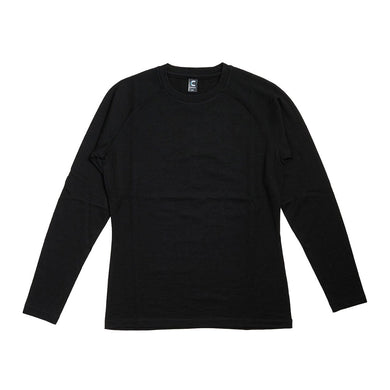 Kepler Womens Merino Base Layer, Black, displayed flat, features a lightweight, superfine merino wool construction with long raglan sleeves and a crew neck, ideal for outdoor work and activities.
